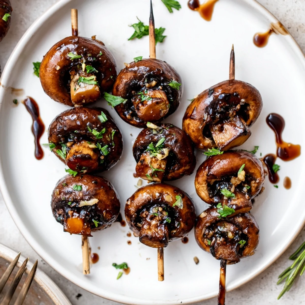 Plated with crusty bread, Balsamic Garlic Grilled Mushroom Skewers topped with parsley