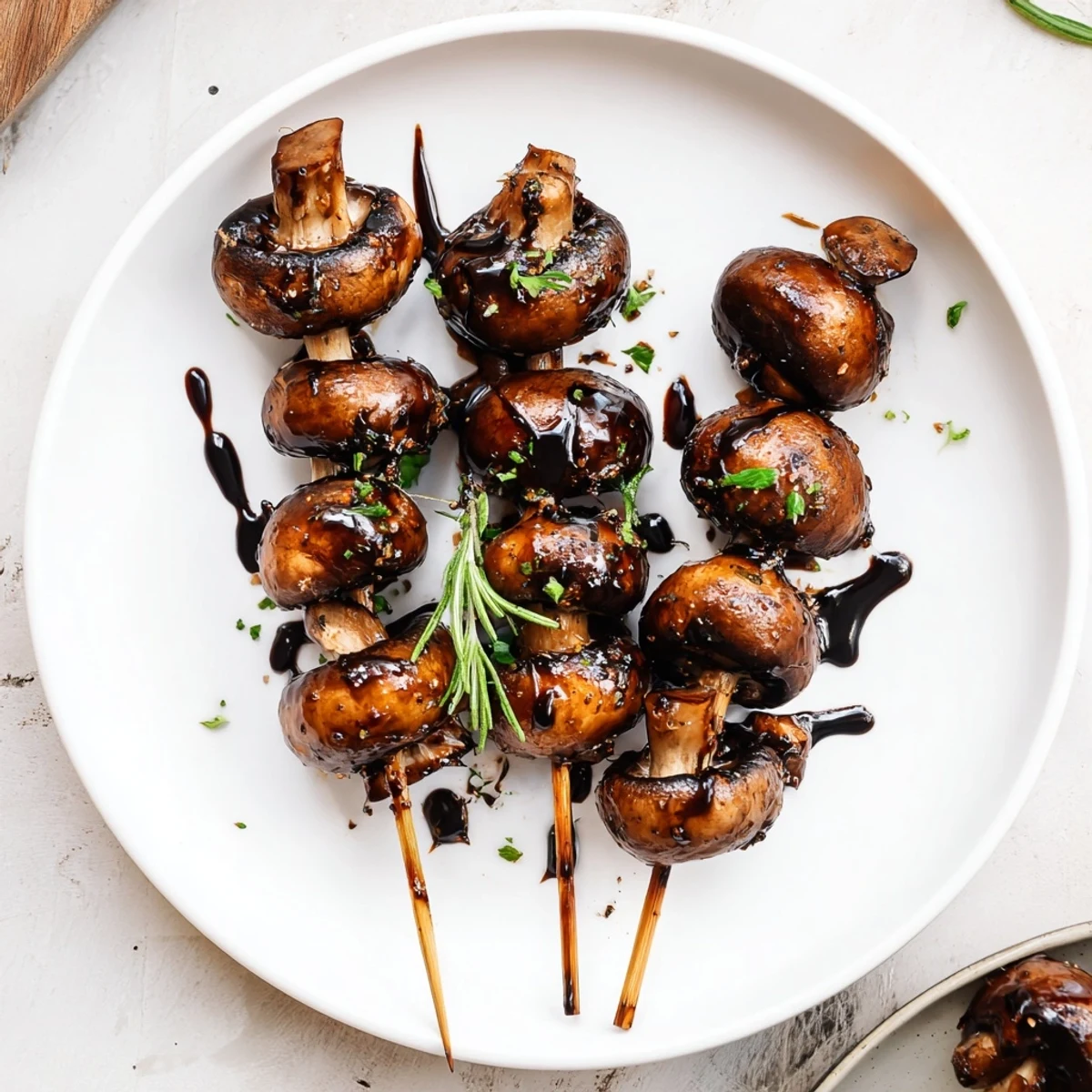 Glistening Balsamic Garlic Grilled Mushroom Skewers, tender and fragrant, served hot