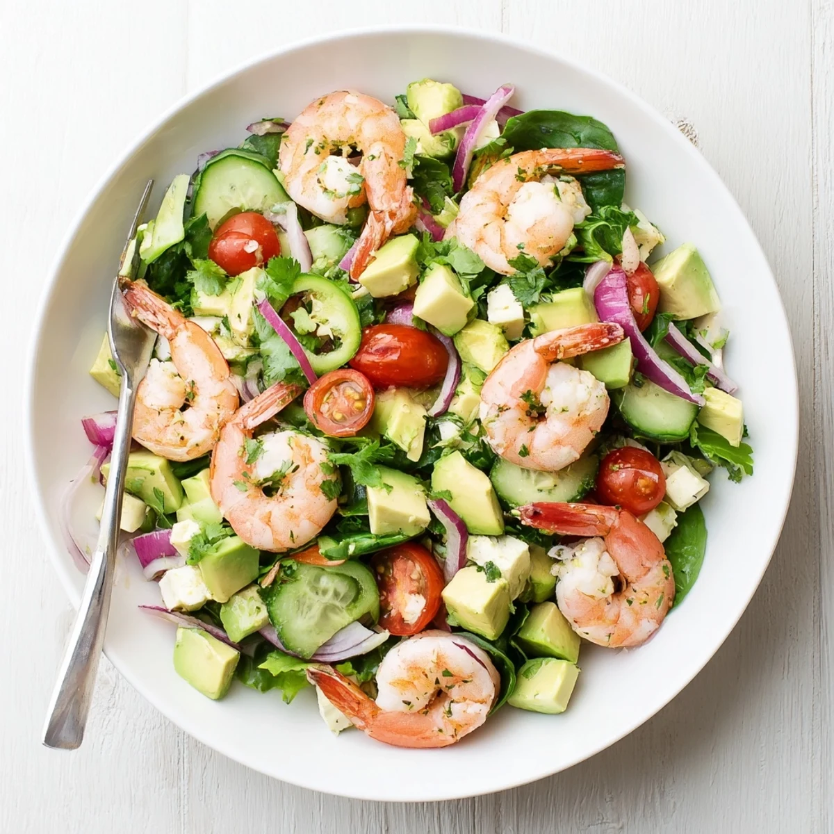 Light shrimp avocado salad recipe featuring tender cooked shrimp, ripe avocado chunks, juicy tomatoes, and crisp greens in a tangy honey lime dressing