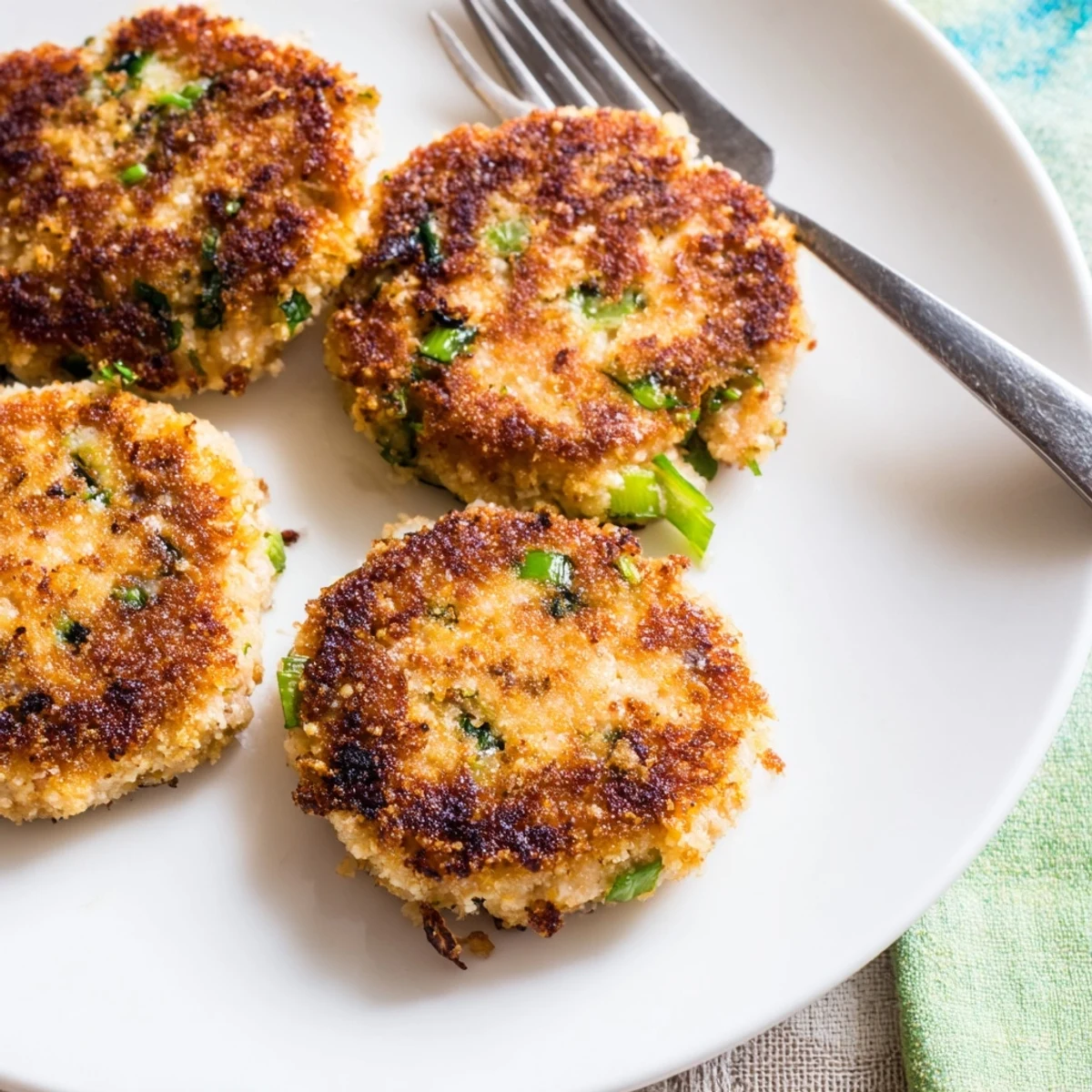 Homemade Asian tuna cakes arranged on white plate with zesty Sriracha mayo for dipping