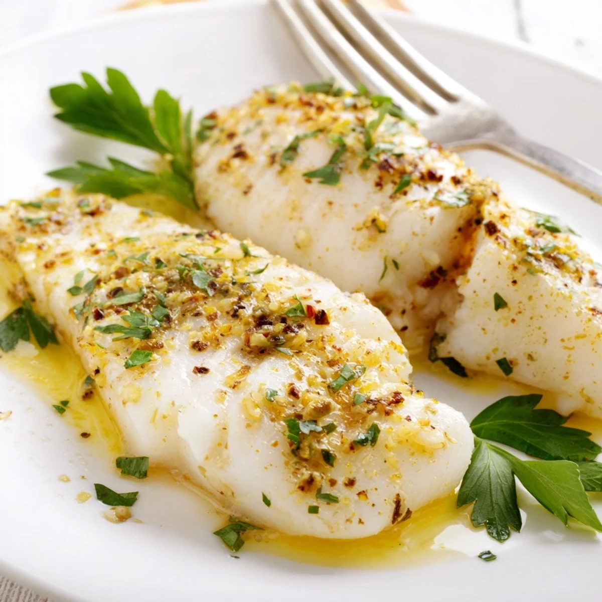 Golden pan-seared lemon garlic fish fillets garnished with fresh parsley and lemon wedges