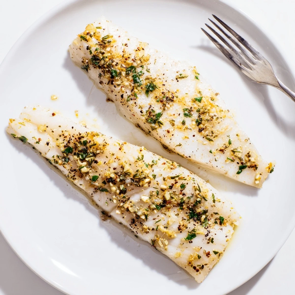 Baked white fish marinated in zesty lemon garlic sauce served on a white plate