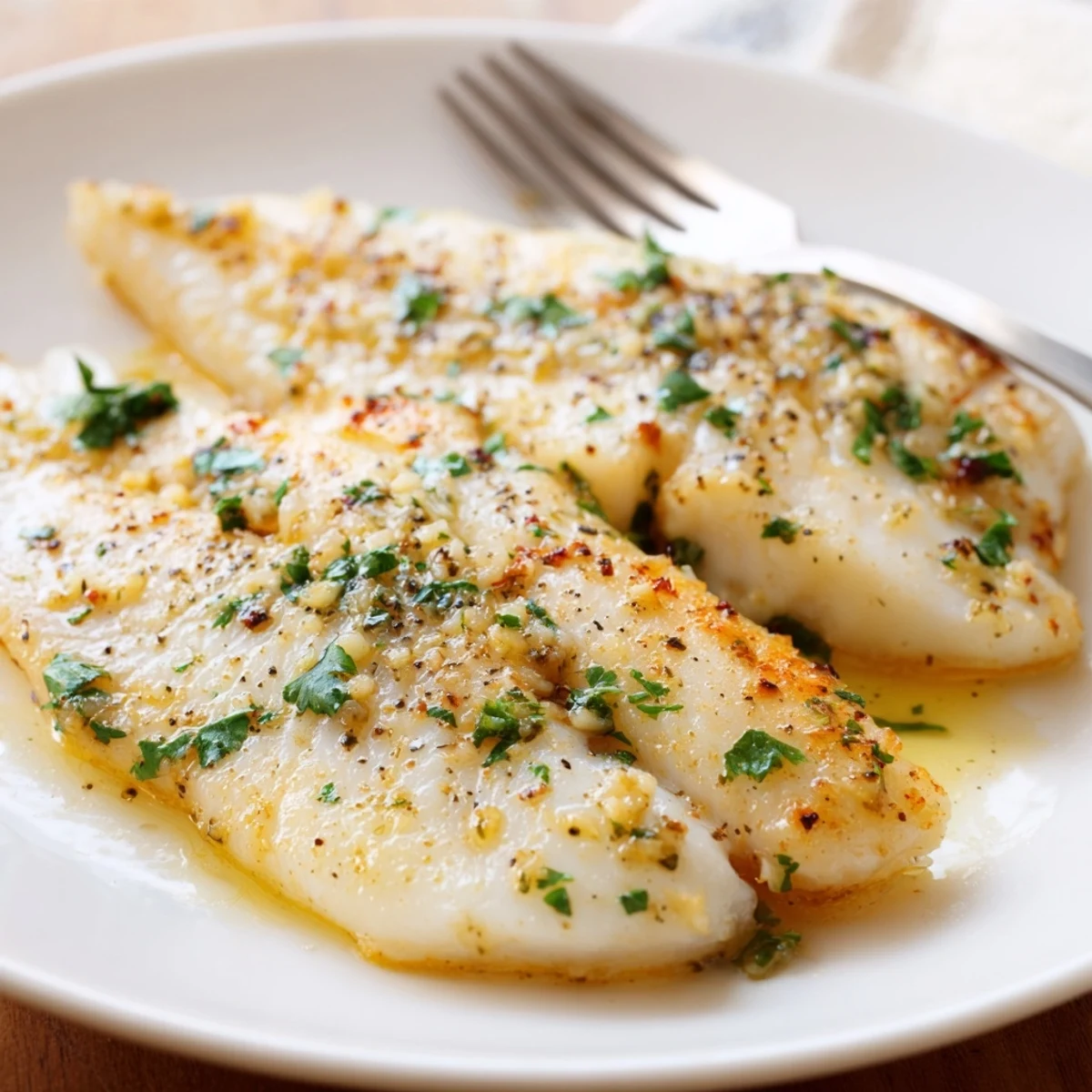 Tender Mediterranean style cod with garlic lemon glaze and chopped parsley topping