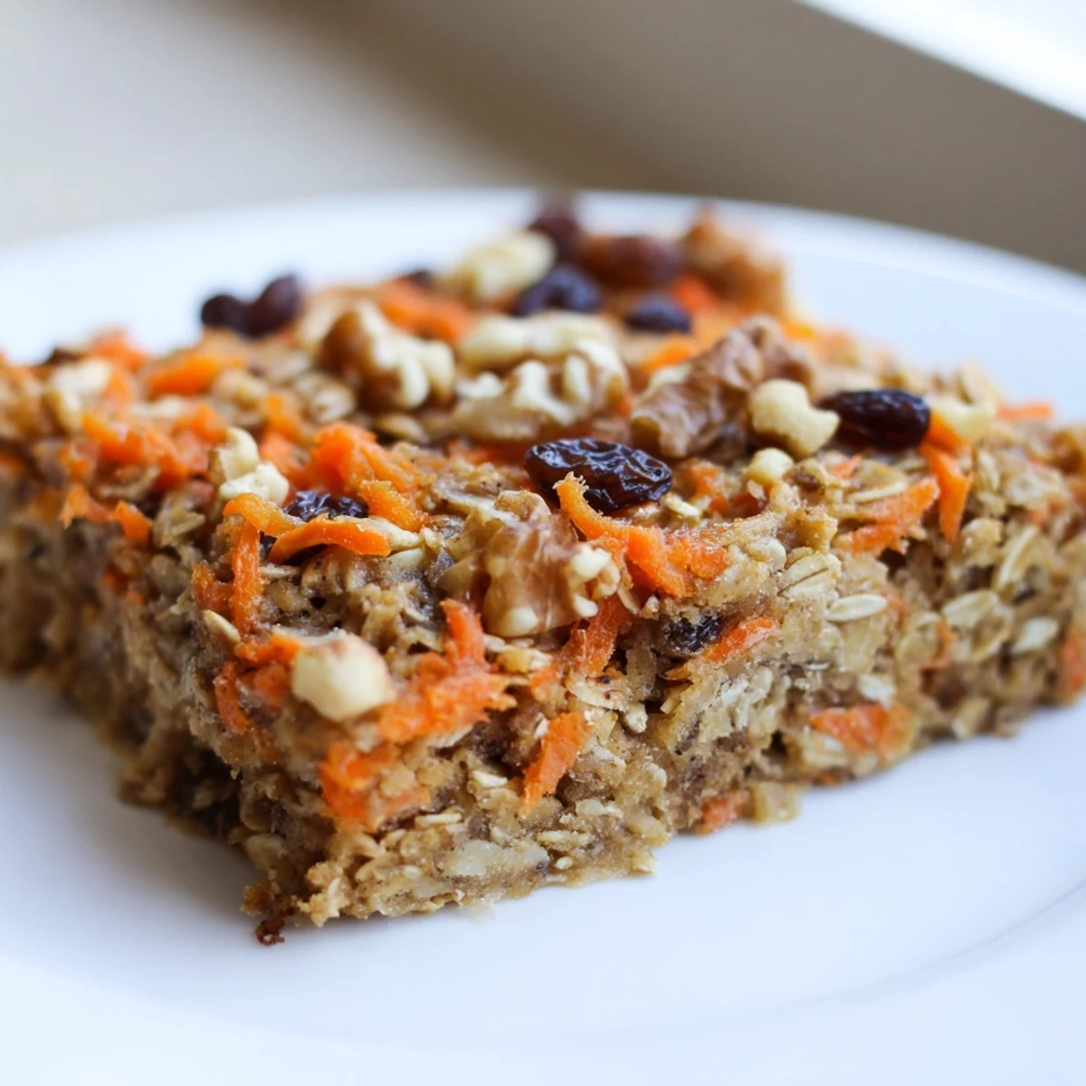 Golden baked carrot cake oatmeal sprinkled with chopped walnuts and raisins in a square baking dish