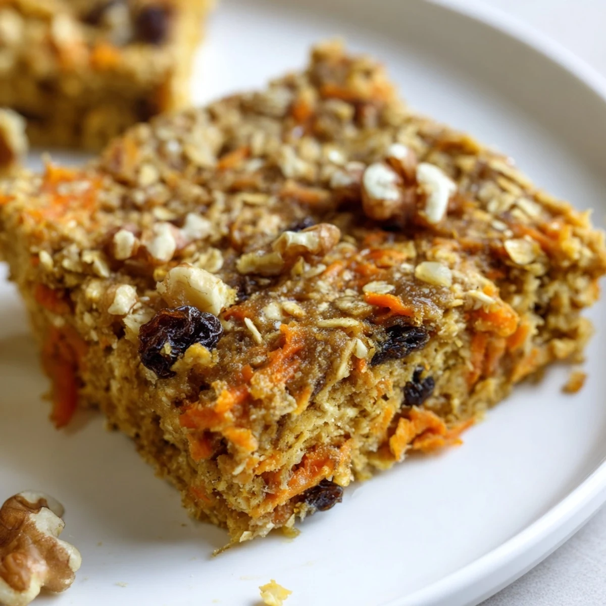 Warm slice of carrot cake baked oatmeal topped with shredded coconut and served with maple syrup