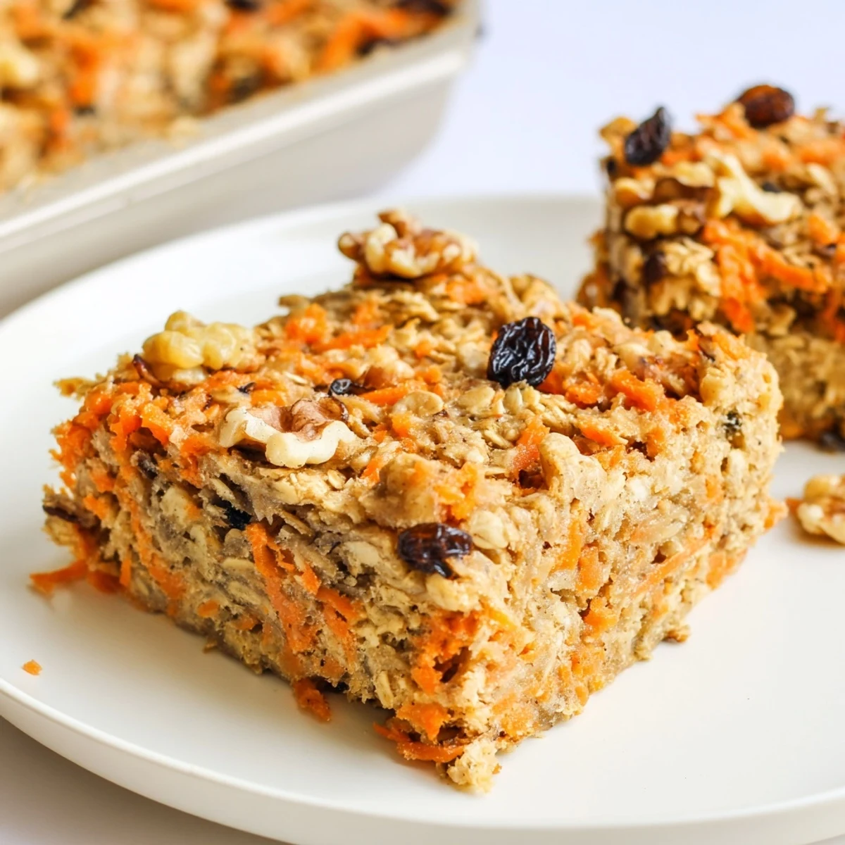 Wholesome breakfast bowl of spiced carrot cake oatmeal with grated carrots and pecan pieces