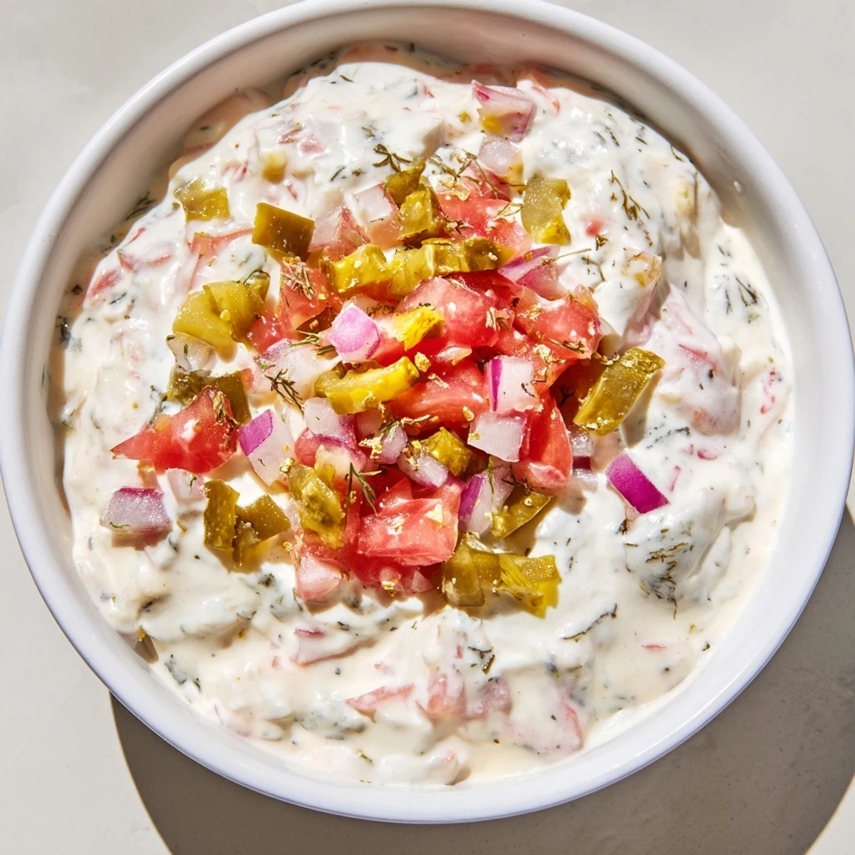 Creamy Grillos pickle de gallo ranch dip topped with fresh pico de gallo and crunchy chopped dill pickles in a white serving bowl
