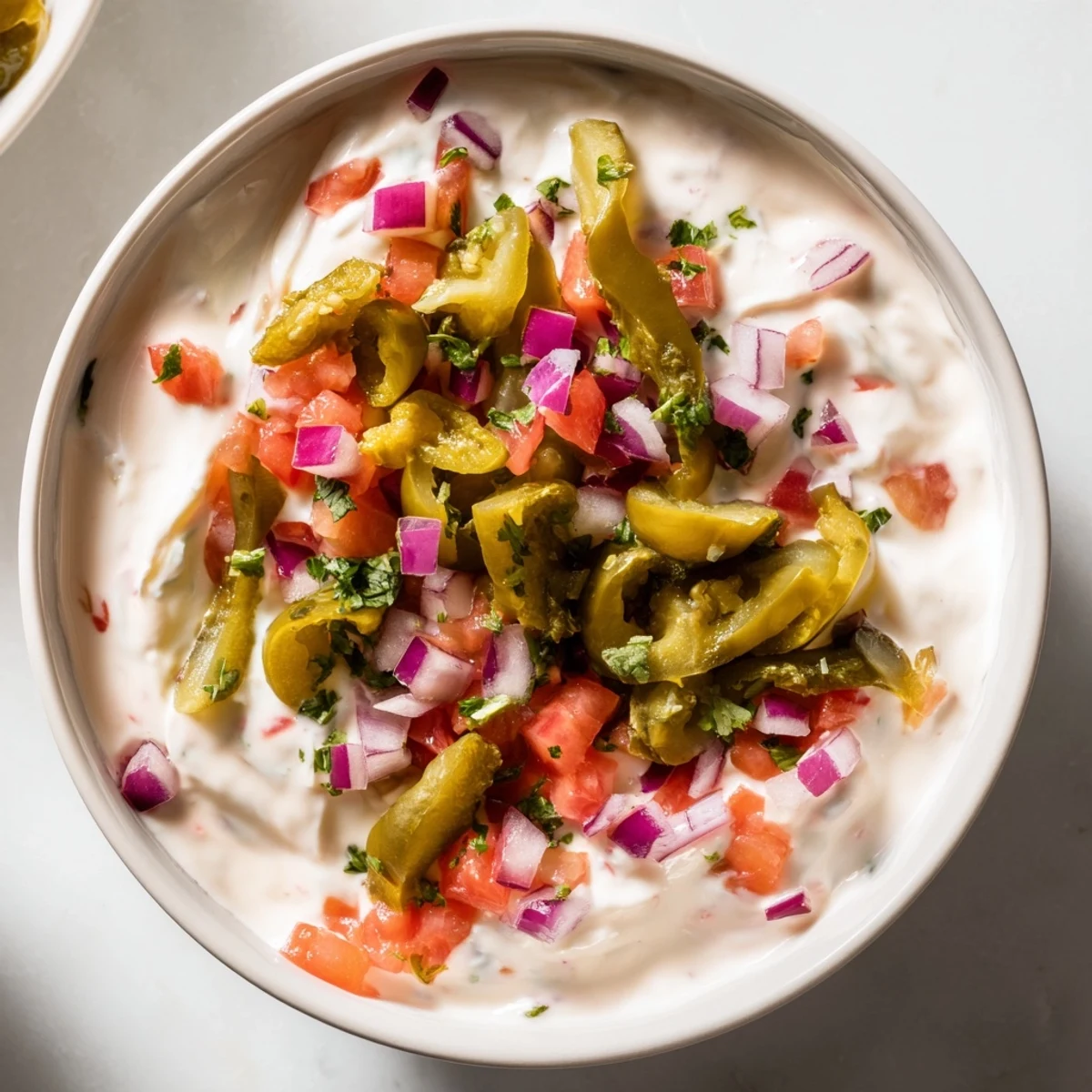 Thick white Grillos pickle de gallo ranch dip garnished with colorful pico de gallo perfect for scooping with crispy vegetable sticks