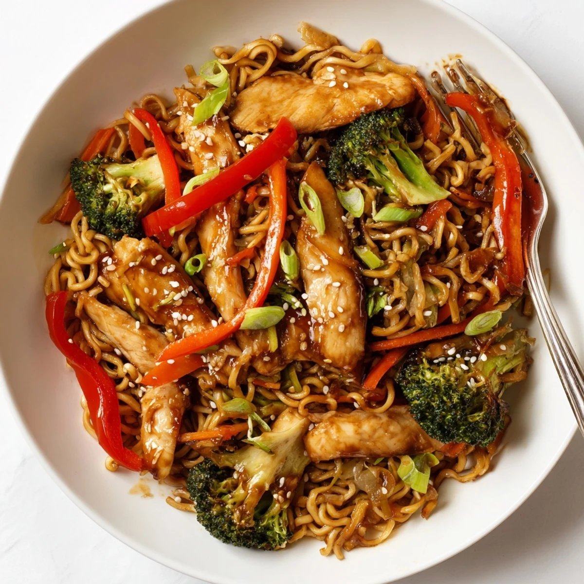 Chicken Ramen Stir Fry with glossy sesame sauce, crisp vegetables, steaming on plate