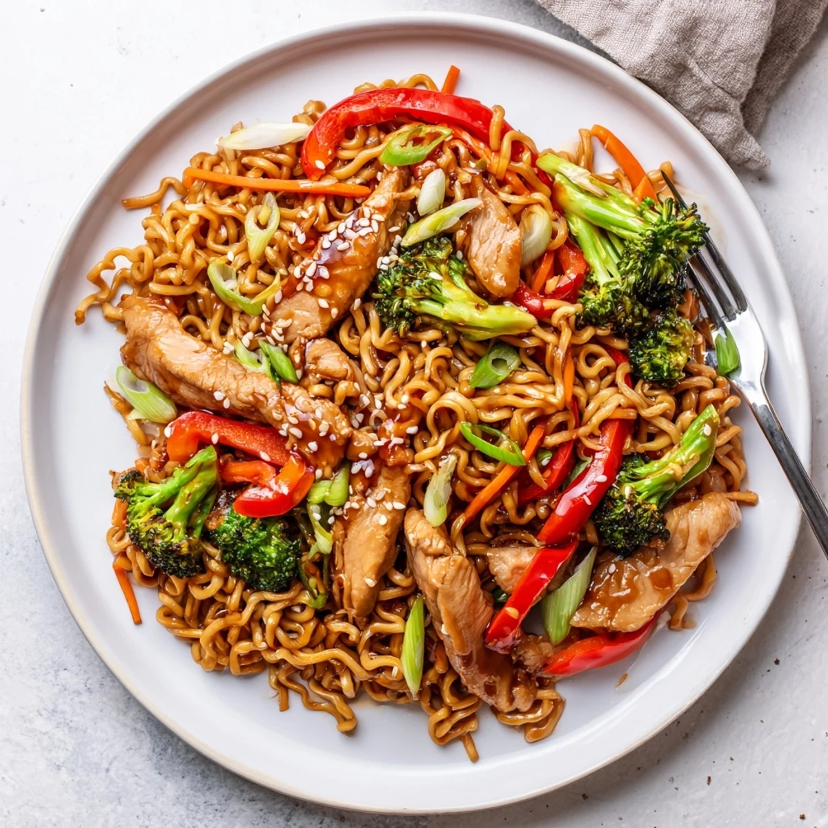 A bowl of Chicken Ramen Stir Fry: tender chicken, bouncy noodles, fragrant garlic
