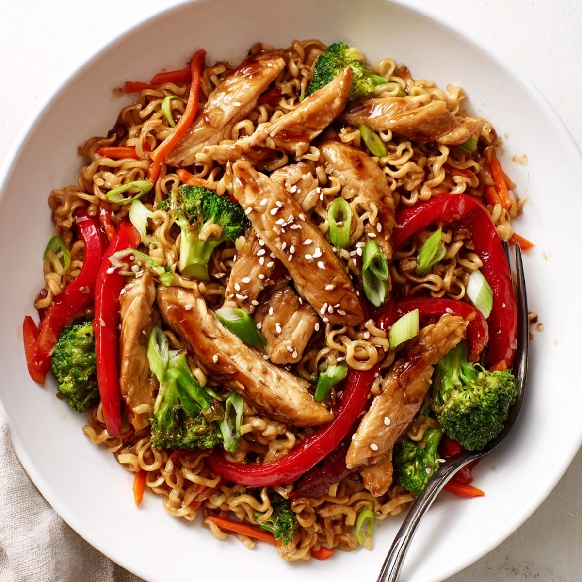 Weeknight Chicken Ramen Stir Fry tossed in savory sauce, sprinkled with sesame seeds