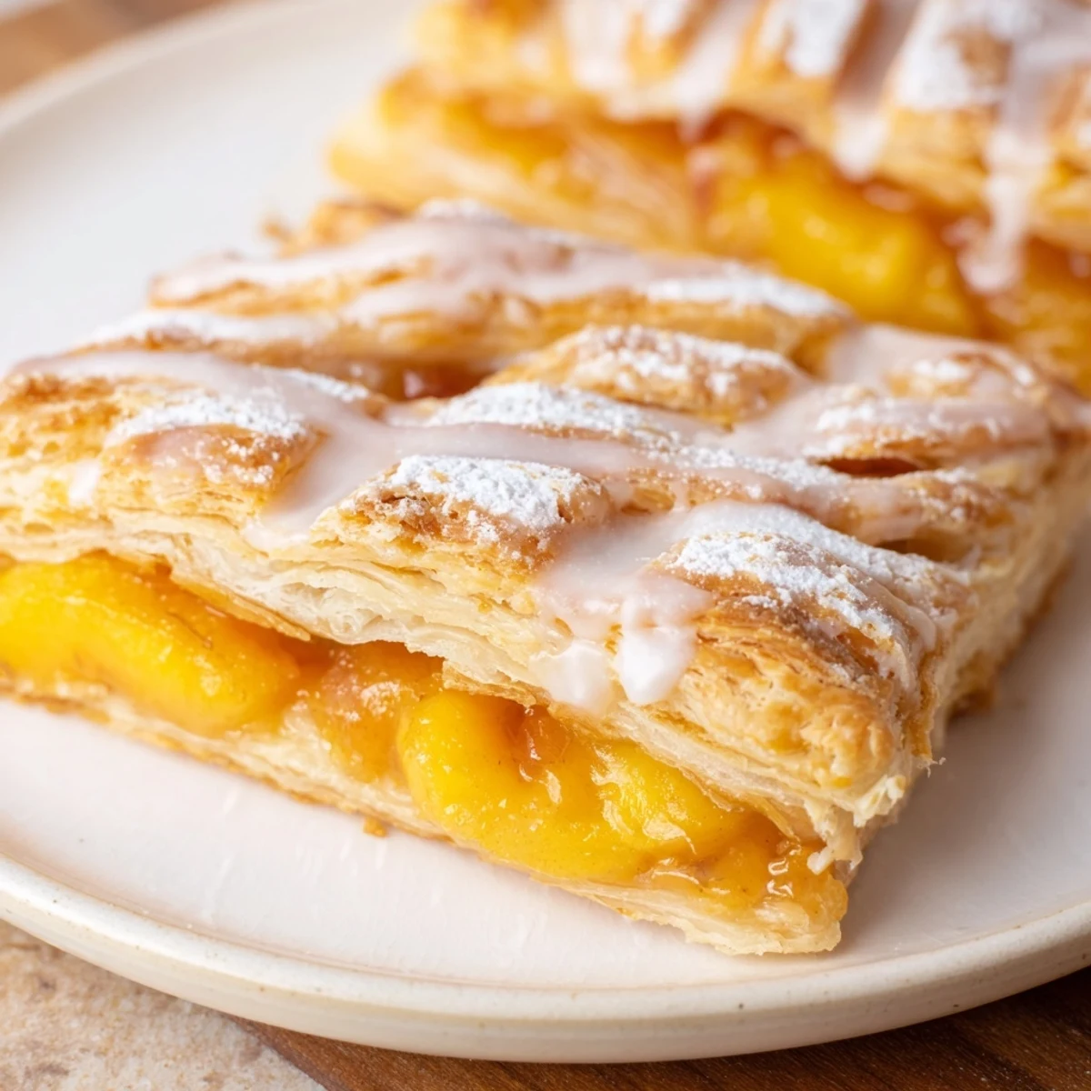 Golden peach-filled Peach Pop Tarts Classic on a rack, glossy vanilla glaze