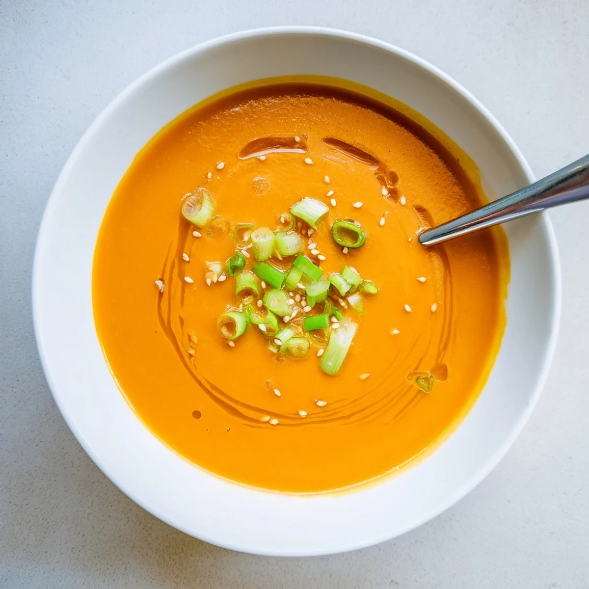 Warm bowl of Carrot Ginger Miso Soup Recipe, velvety texture and bright ginger