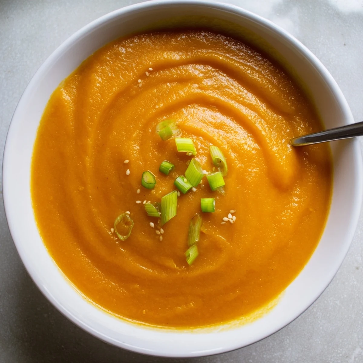 Carrot Ginger Miso Soup Recipe ladled into bowls, topped with thinly sliced scallions