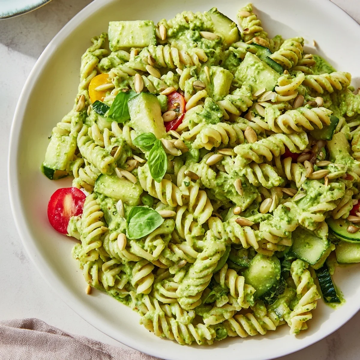 Chilled Green Goddess Pasta Salad dressed in lemony basil, avocado, and toasted seeds