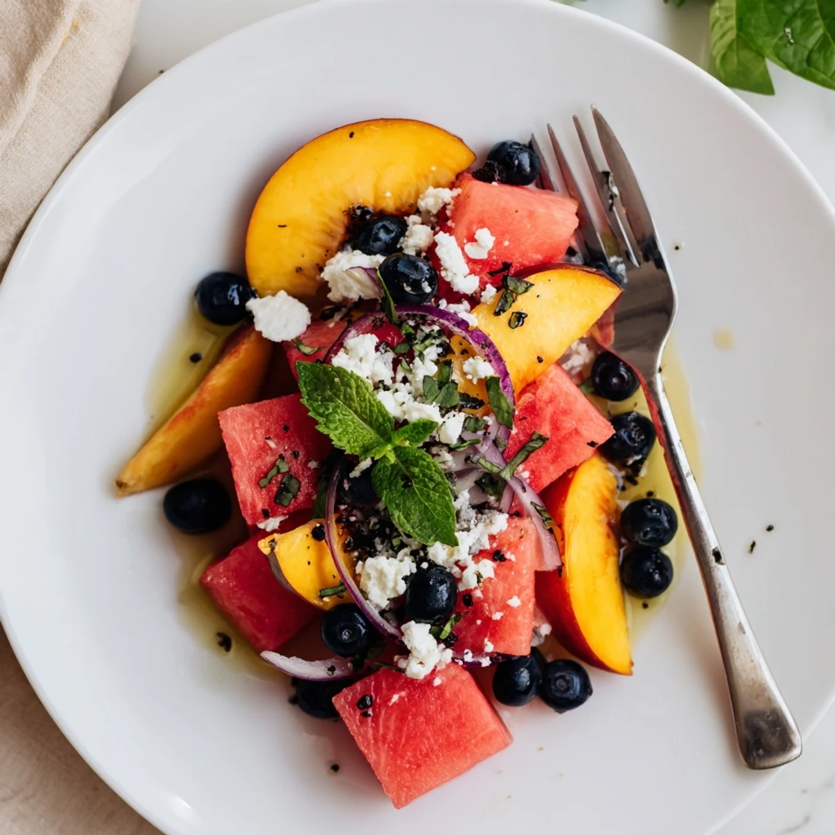 Peach Watermelon Salad With Feta in serving bowl, juicy peaches, mint aroma.
