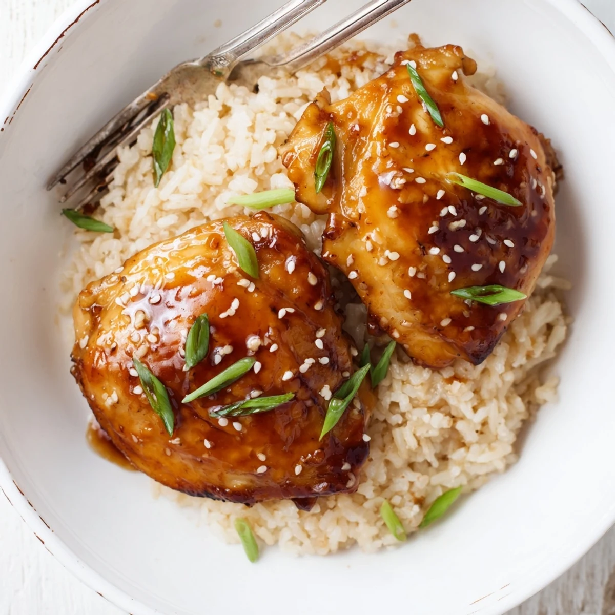 Sticky Sweet Savory Apricot Chicken glazed, glossy thighs served over steamed rice