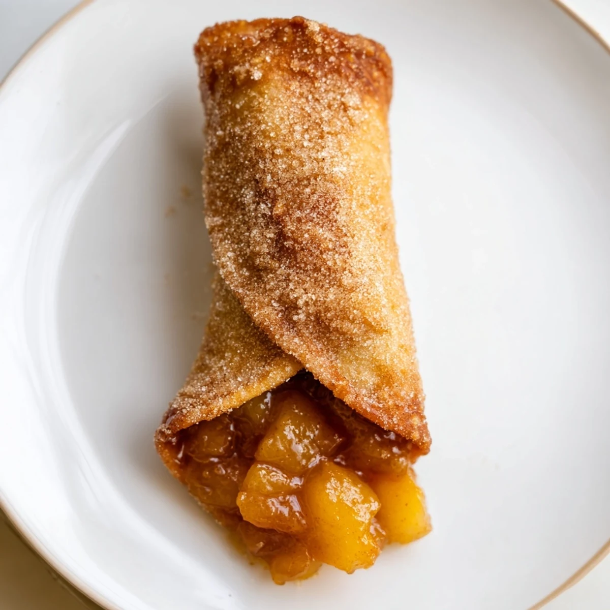 Warm Peach Cobbler Egg Rolls dusted with cinnamon sugar, served with ice cream