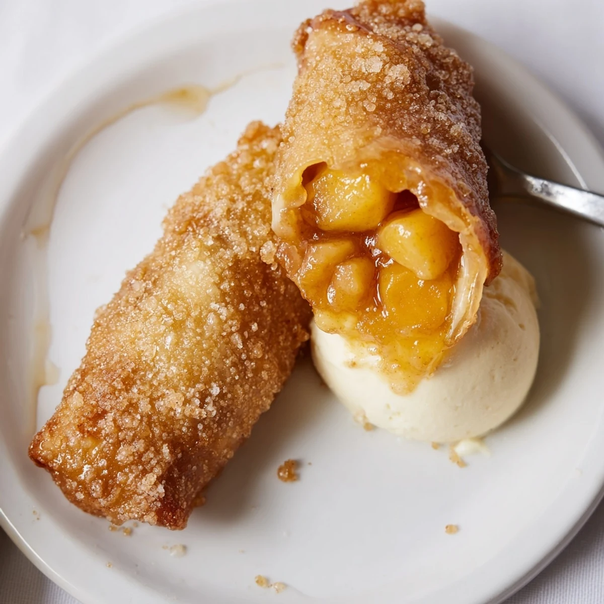 Golden brown Peach Cobbler Egg Rolls on paper towels, steaming, ideal for sharing