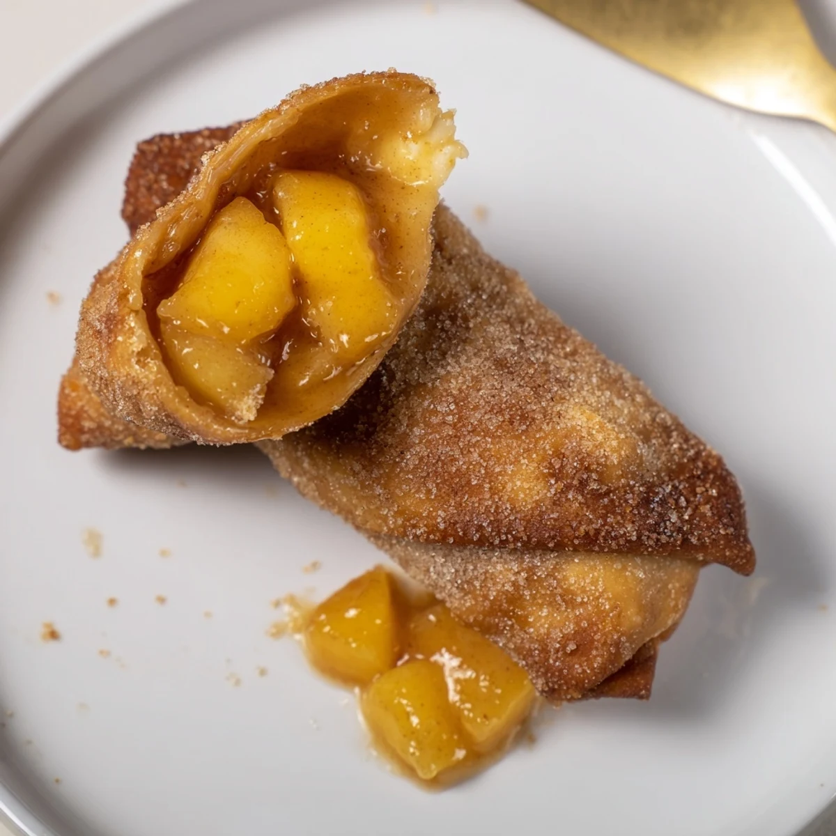 Crispy Peach Cobbler Egg Rolls revealing glossy spiced peach filling, lemon hint
