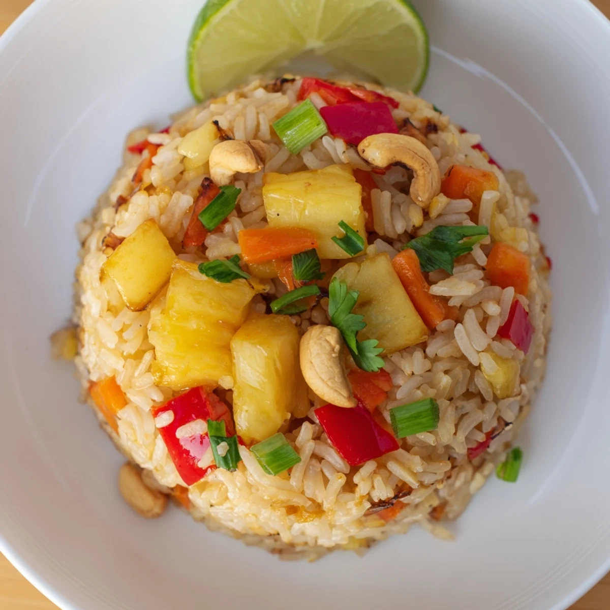 Pineapple Rice with caramelized chunks, fragrant jasmine rice, crunchy cashews, cilantro