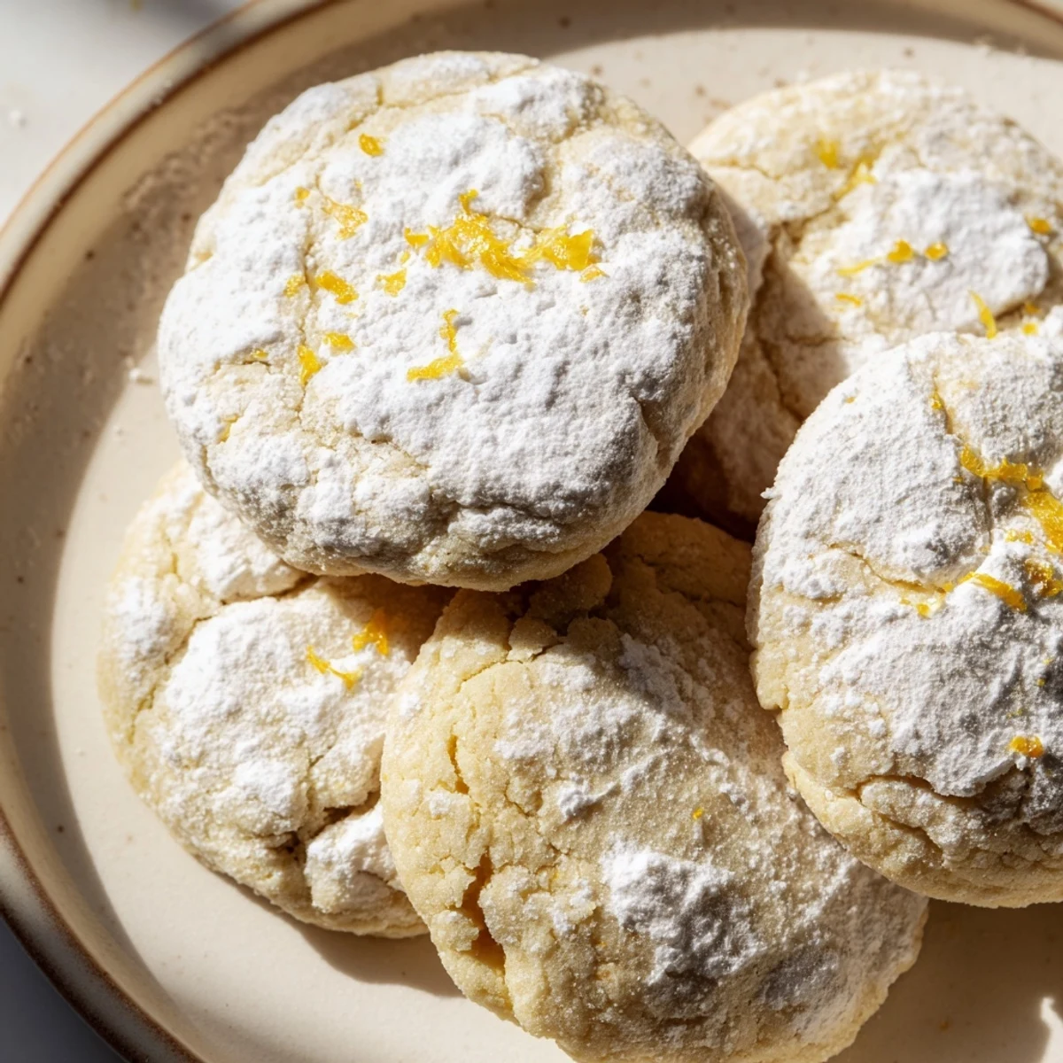 Golden lemon pixie cookies dusted with white powdered sugar on a cooling rack