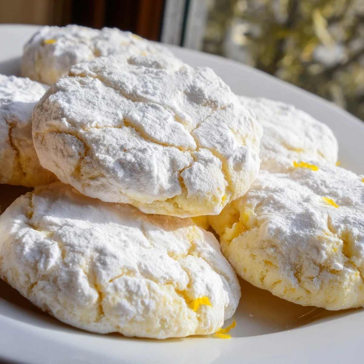 Batch of tangy lemon pixie cookies with cracked sugar coating on wooden board