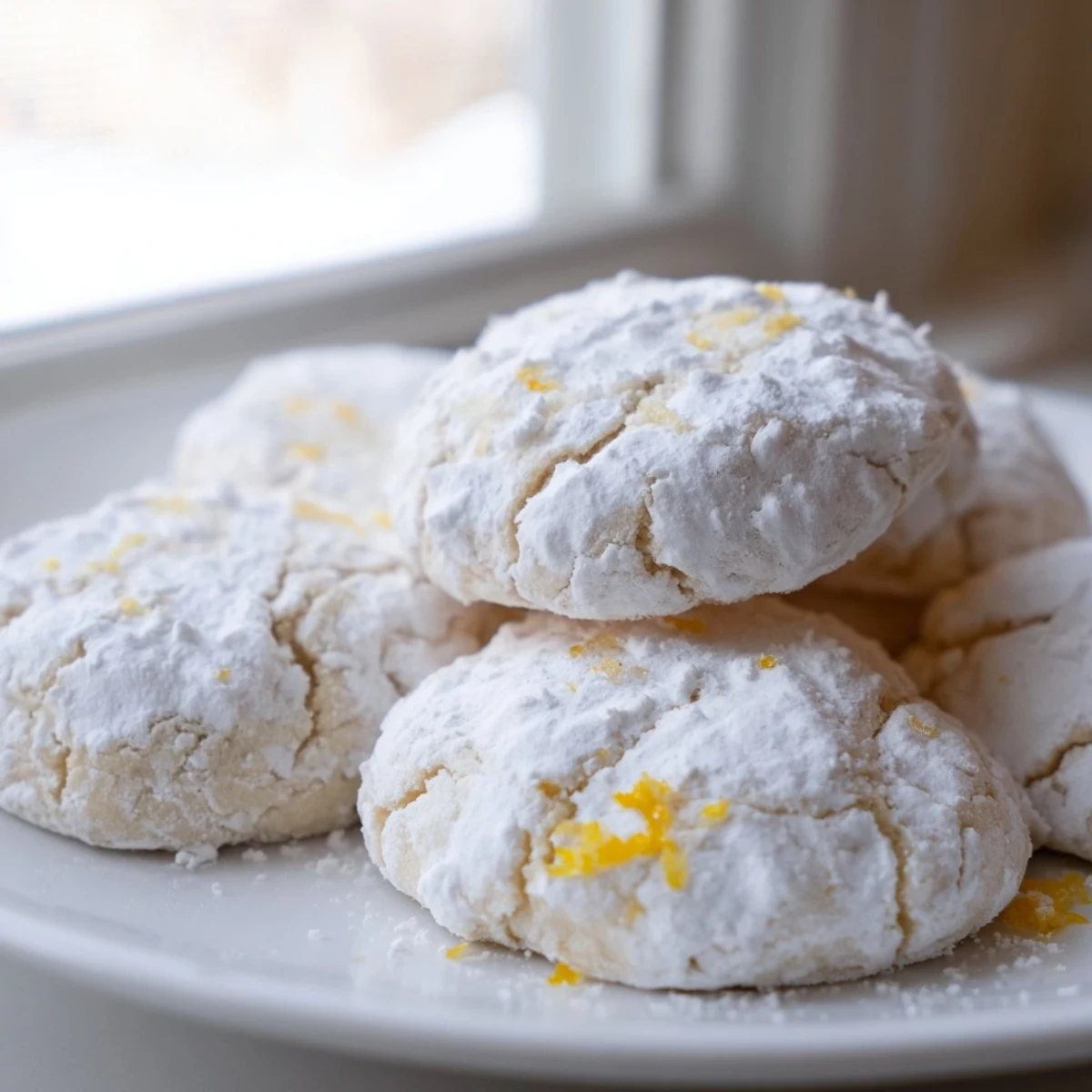 Soft chewy lemon pixie cookies rolled in powdered sugar ready for serving