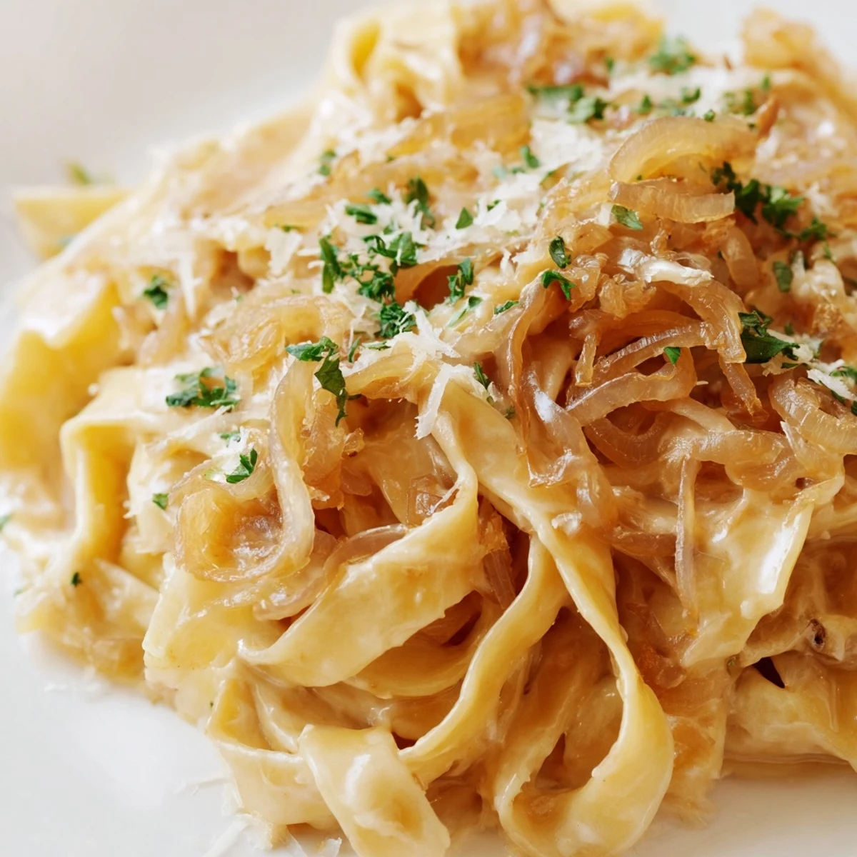 Plate of caramelized onion cream pasta topped with fresh parsley and grated cheese