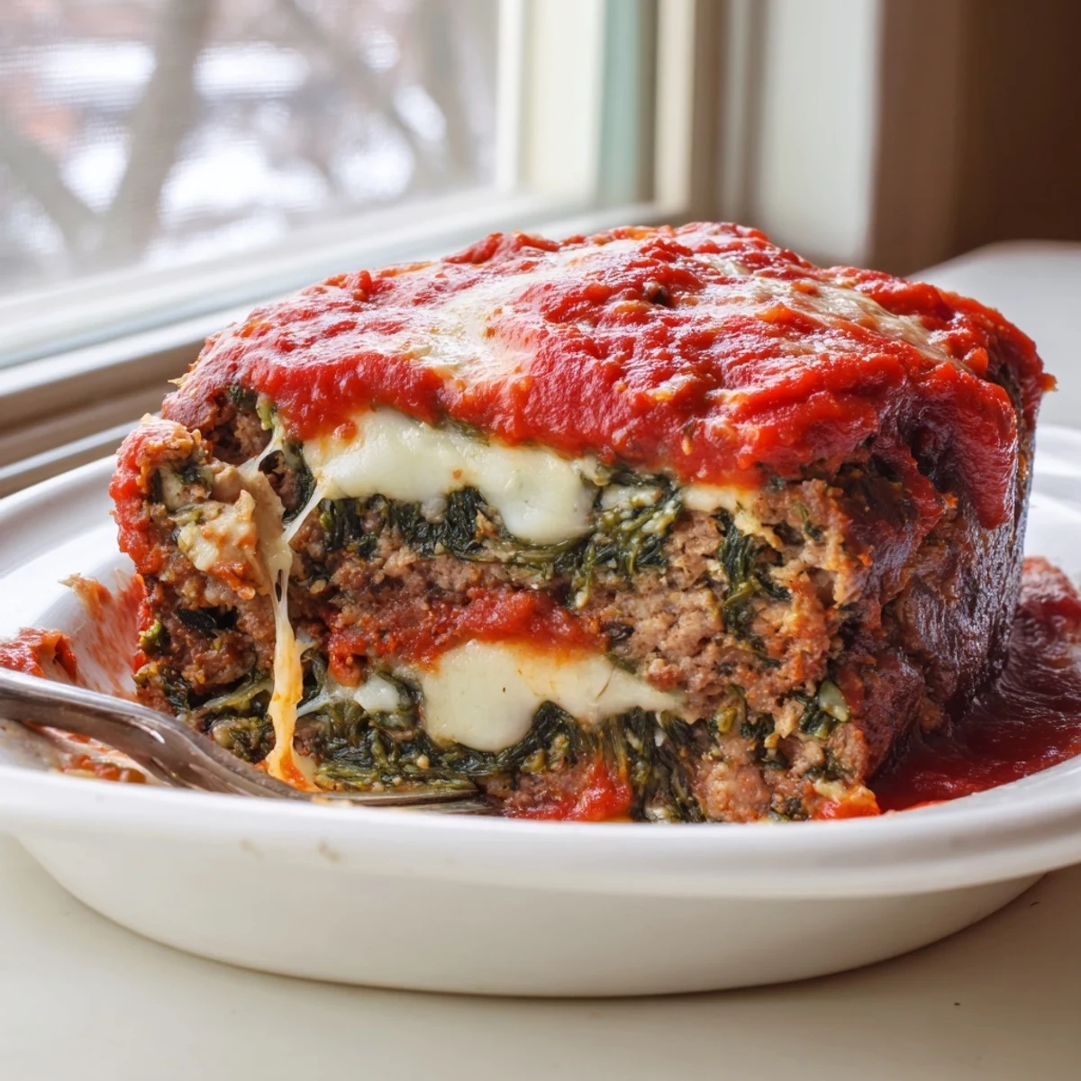 Sliced Italian spinach mozzarella meatloaf topped with marinara sauce on a white serving plate