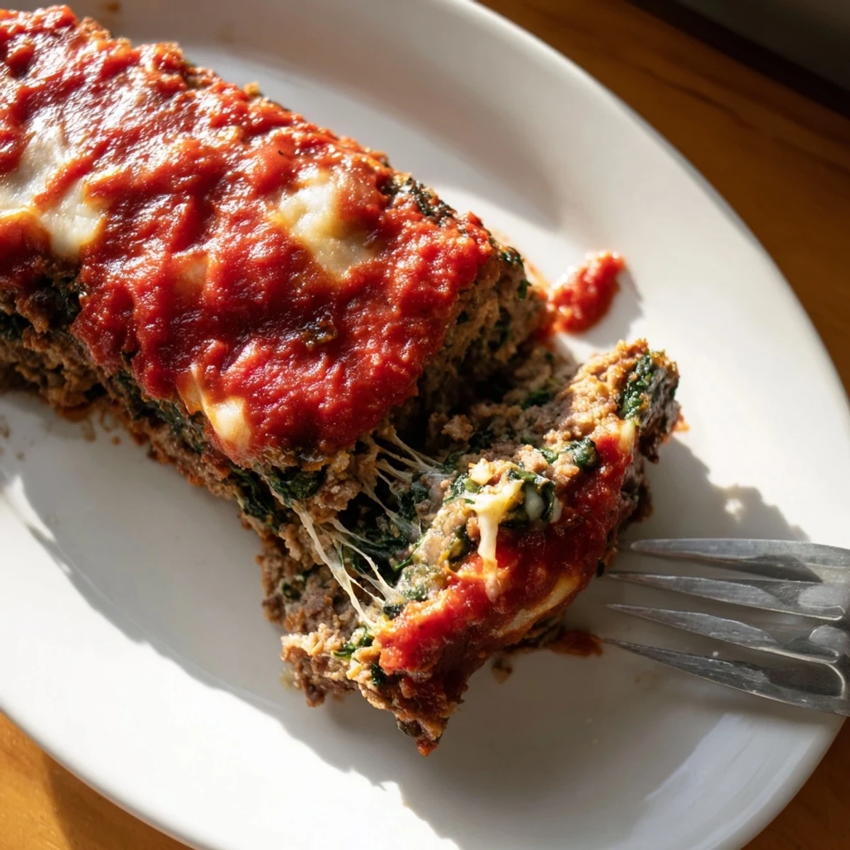 Juicy Italian meatloaf cross-section revealing gooey mozzarella and tender spinach inside a glazed loaf