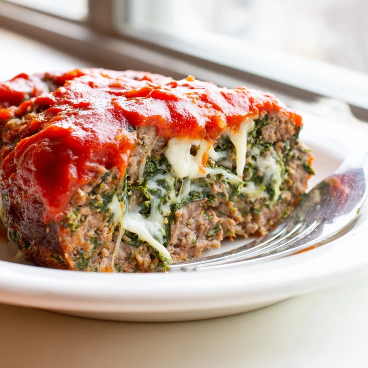 Golden baked meatloaf loaded with melted mozzarella cheese and fresh spinach ready for dinner