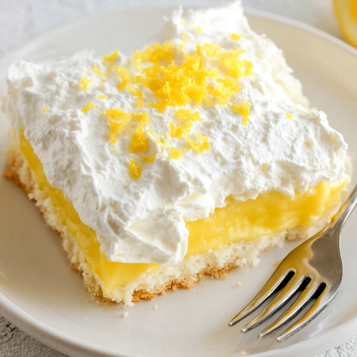 Chilled Lemon Lush Cake dessert with buttery baked crust topped with tangy lemon curd layer and sweet whipped cream