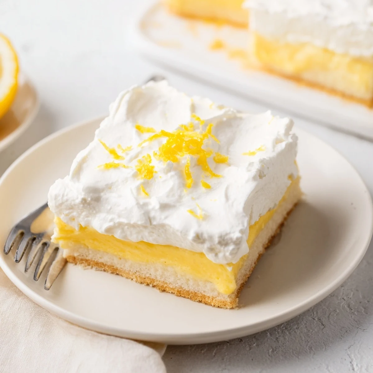 Golden square slice of Lemon Lush Cake revealing layered cream cheese and lemon pudding fillings beneath fluffy white whipped topping