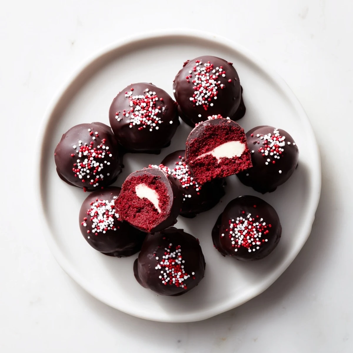 Bite-sized red velvet cheesecake balls coated in glossy dark chocolate with colorful sprinkles on top