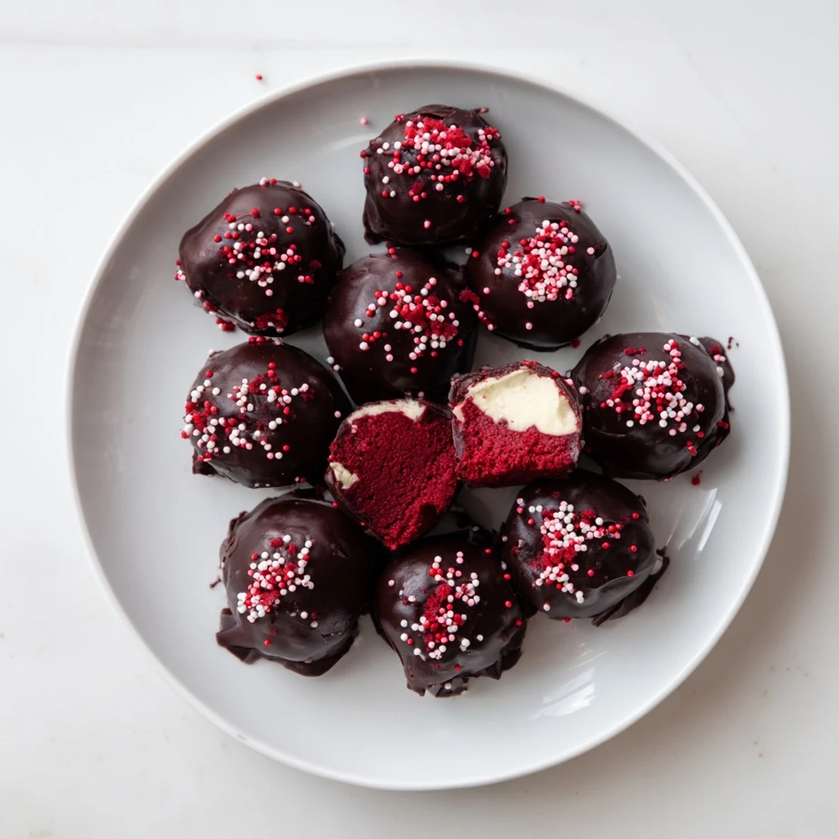 Homemade red velvet cheesecake balls on a white plate featuring rich chocolate shells and red velvet crumbles visible inside