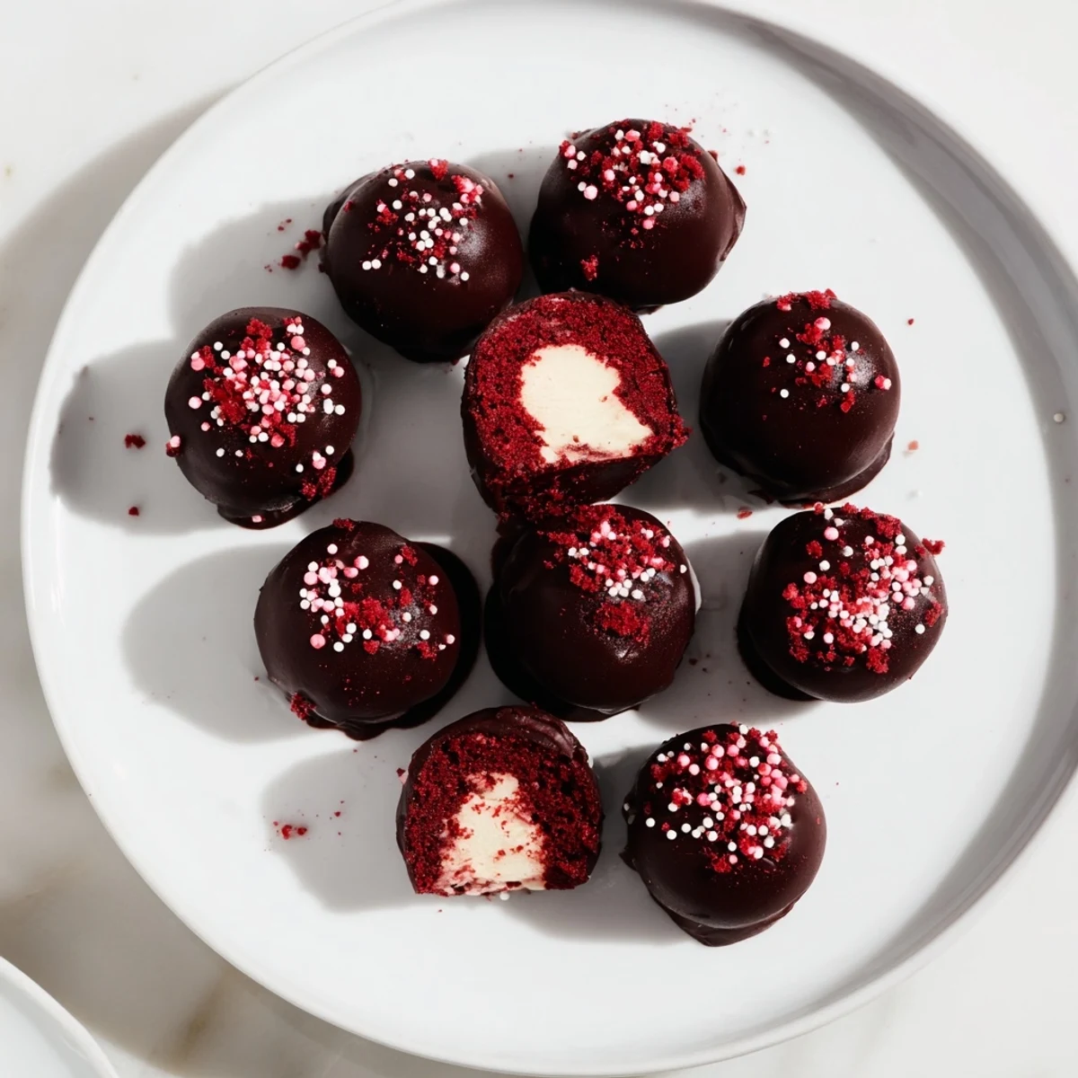 Decadent red velvet cheesecake truffles with creamy centers dipped in smooth melted white chocolate coating