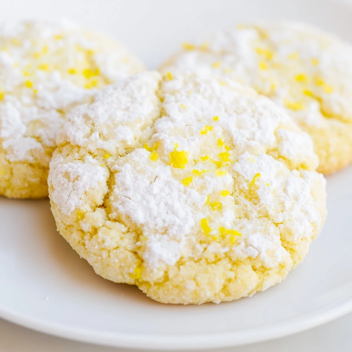 Soft chewy lemon cookies dusted with powdered sugar on a white wire cooling rack