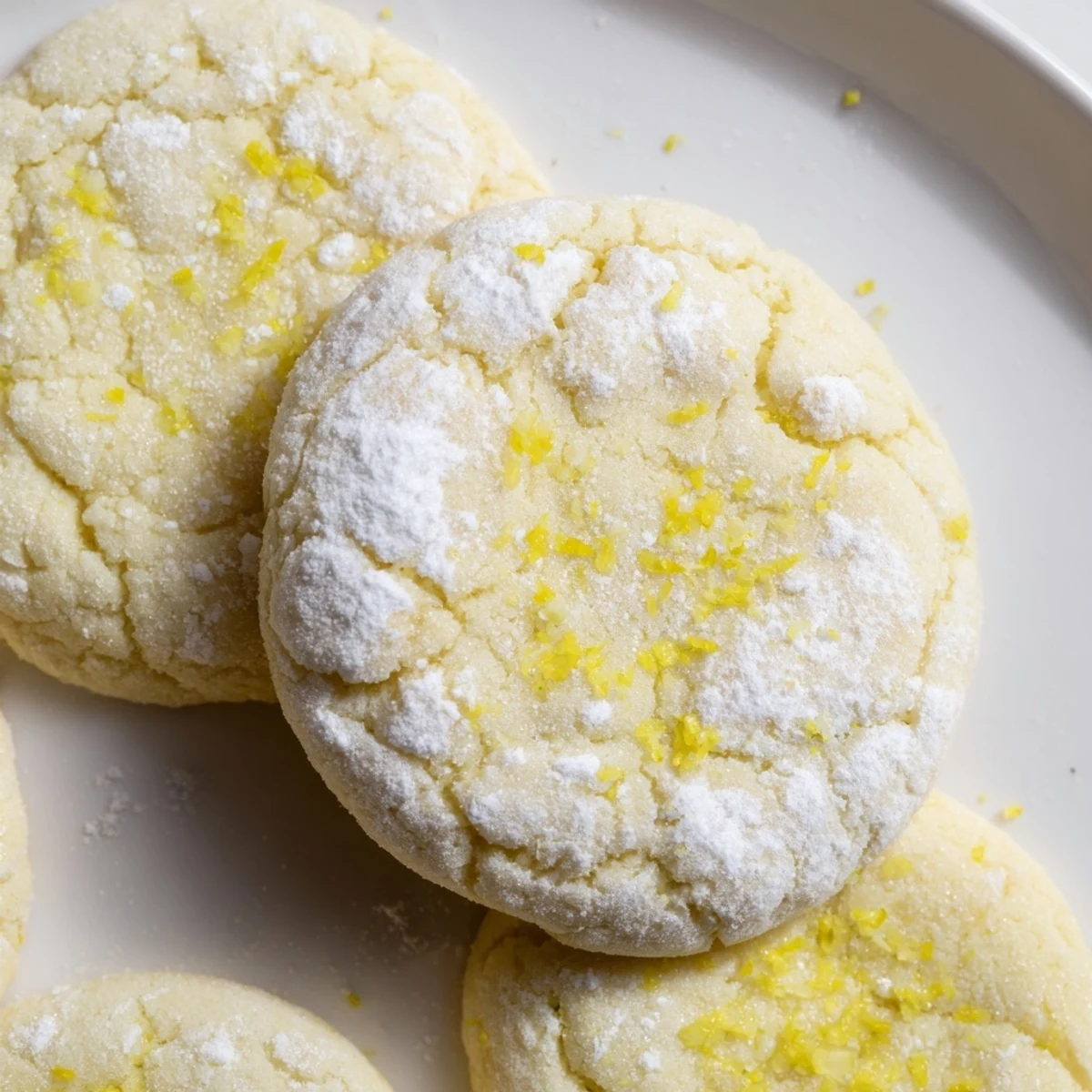 Plate of soft chewy lemon cookies topped with lemon zest and a cup of tea