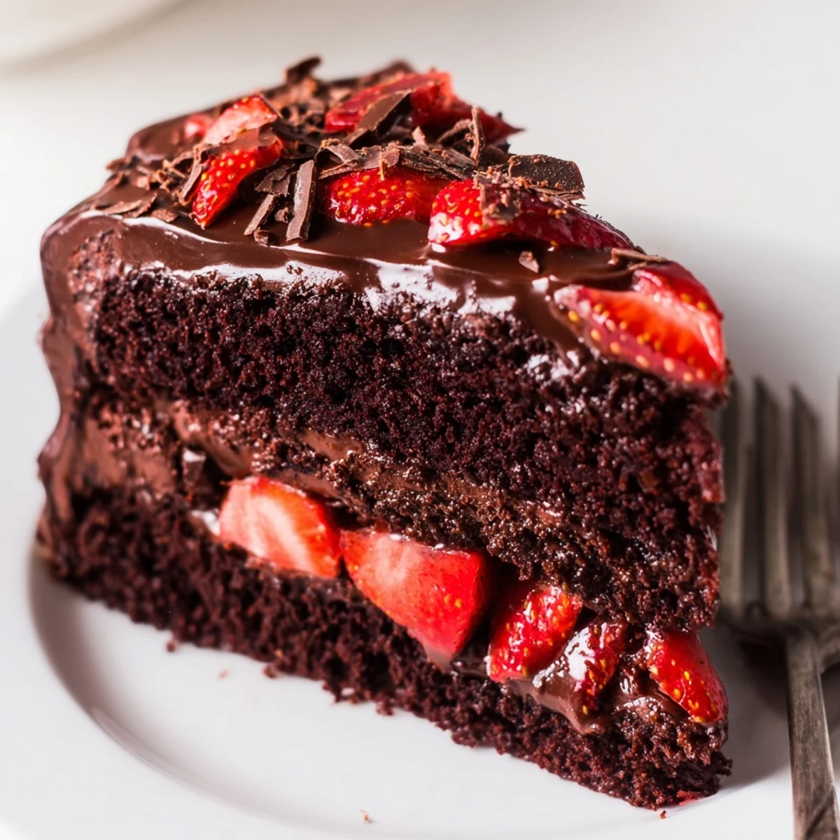 Strawberry Chocolate Cake with glossy ganache, fresh sliced berries, moist crumb.