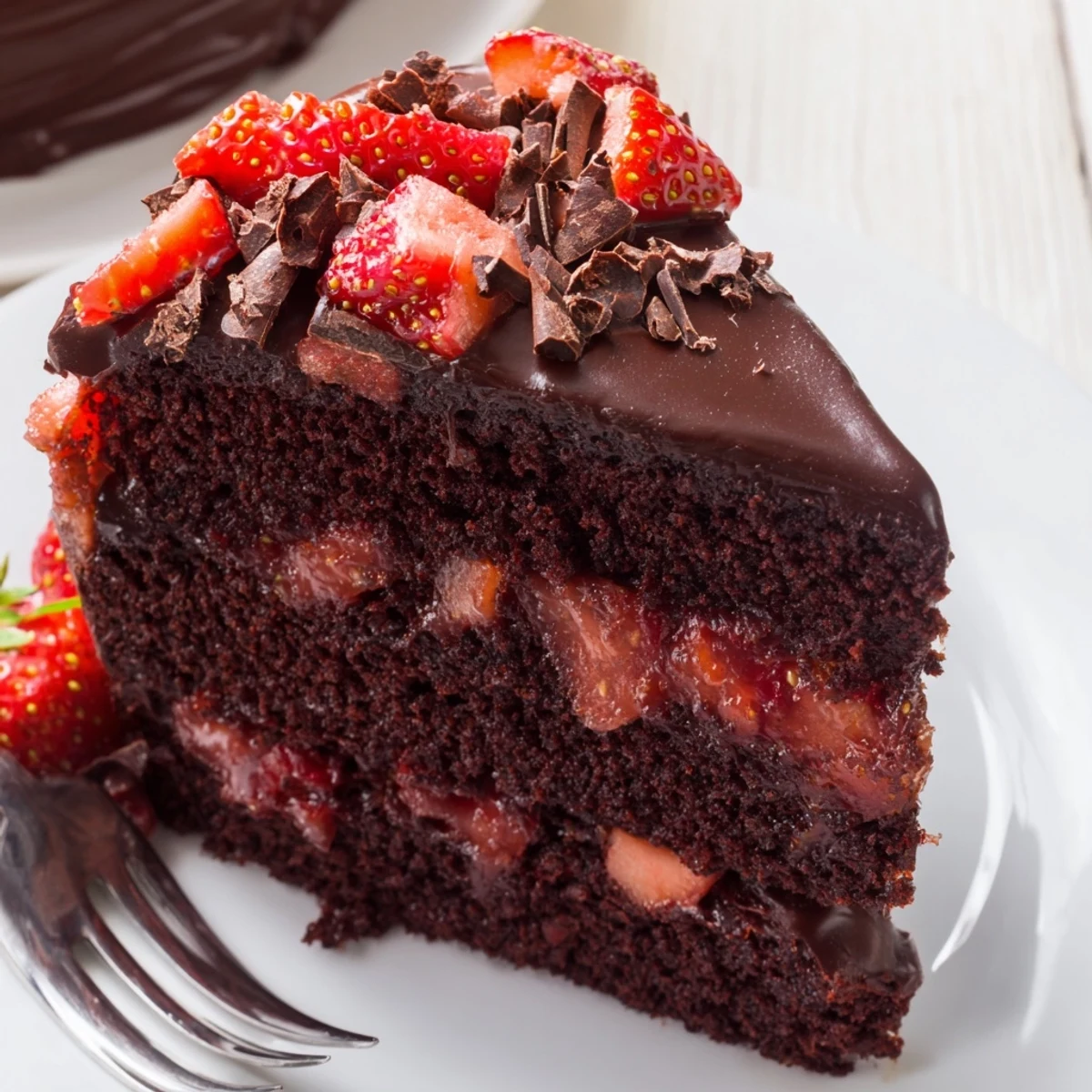 A plated Strawberry Chocolate Cake slice garnished with shavings and cream.