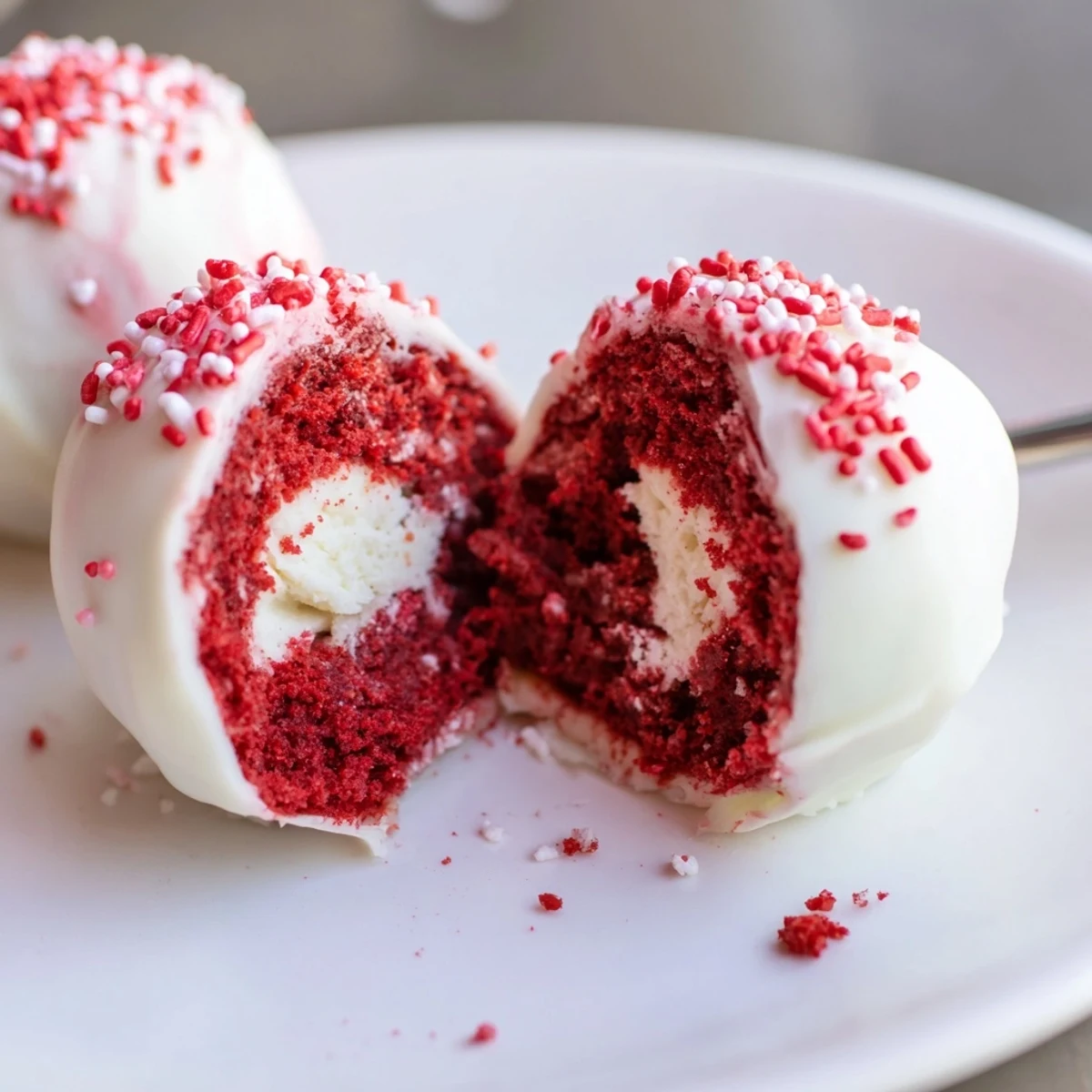 Red Velvet Cheesecake Balls coated in glossy white chocolate, sprinkled with crumbs.