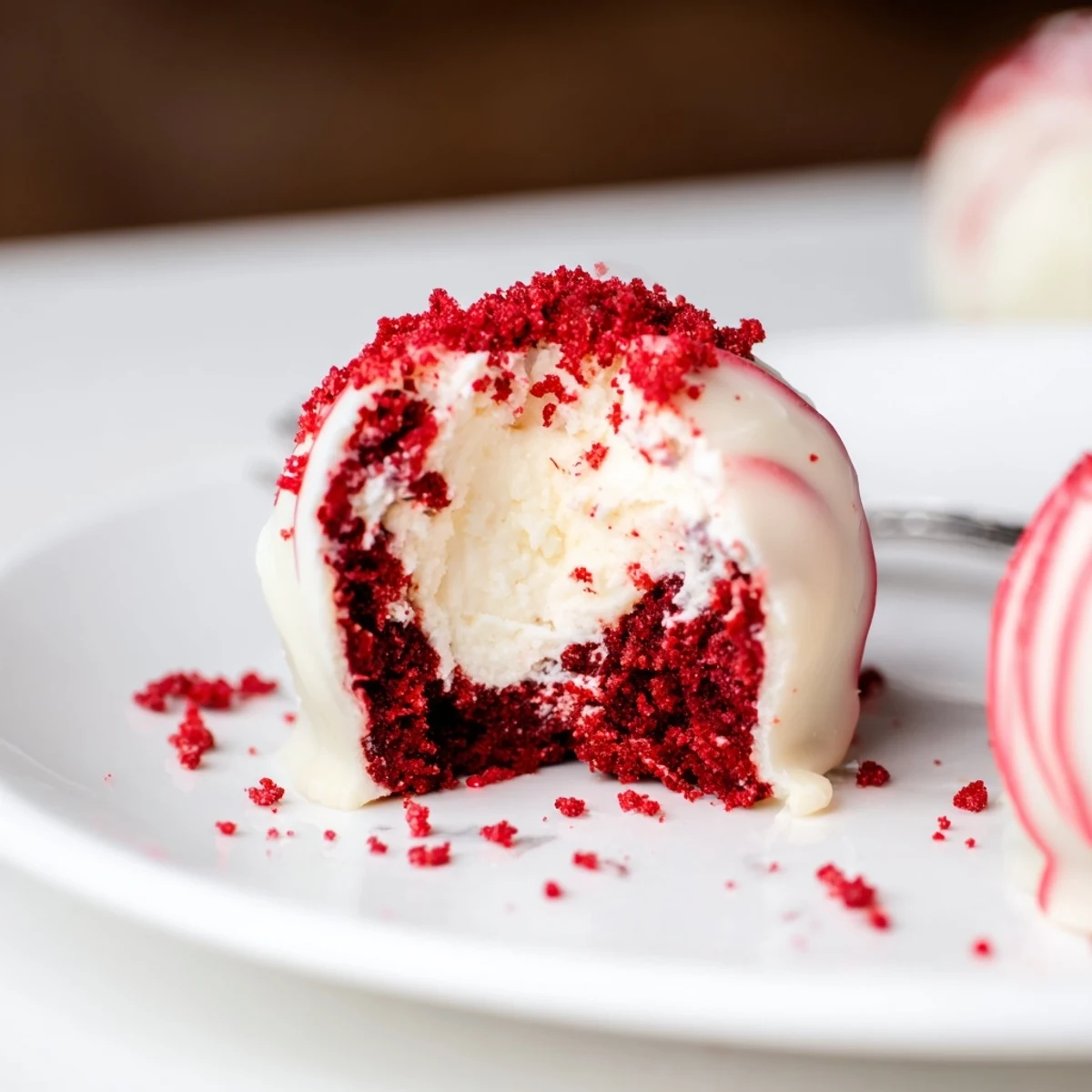 Plated Red Velvet Cheesecake Balls chilled, creamy centers ready to melt in mouth.
