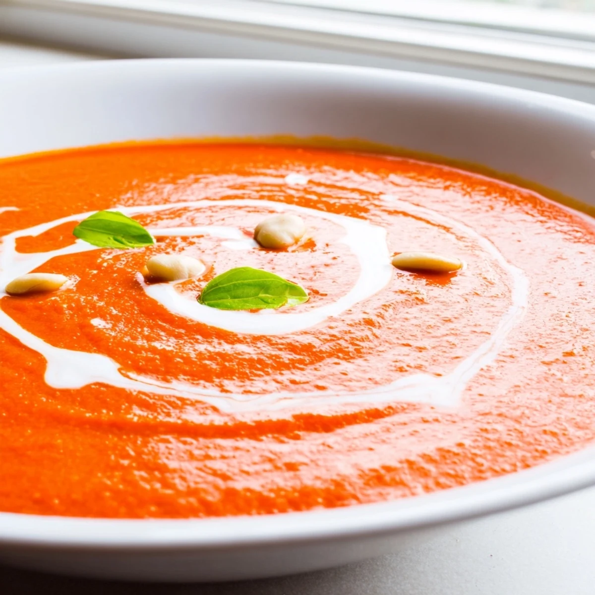 Velvety high protein tomato soup ladled into a white bowl with crusty bread