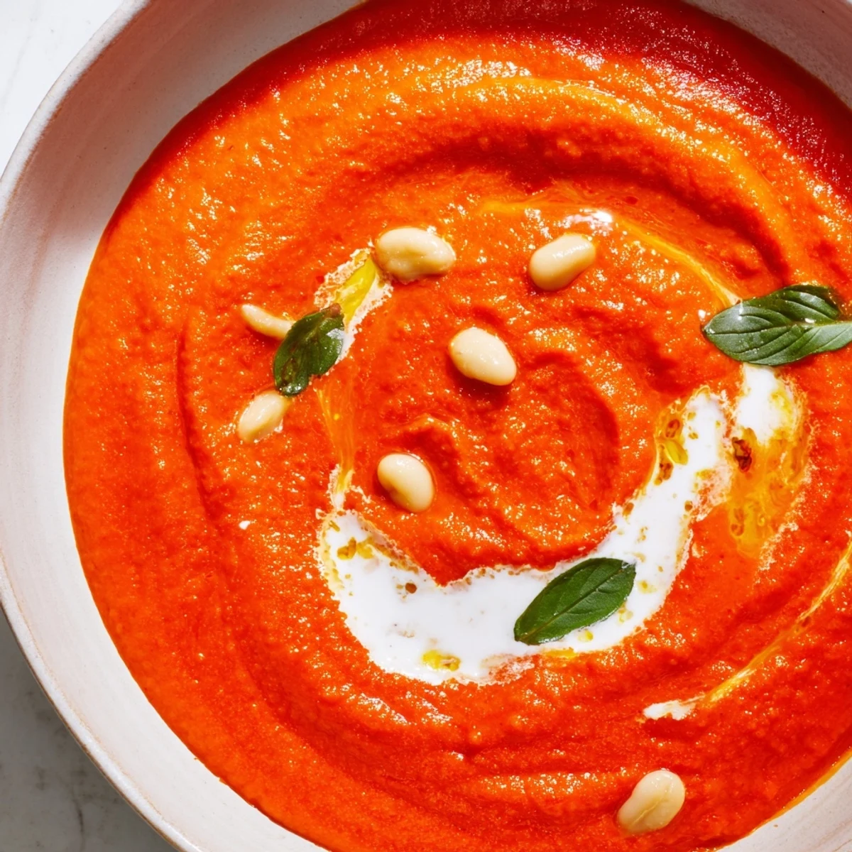 Steaming bowl of high protein tomato soup with cannellini beans and herbs