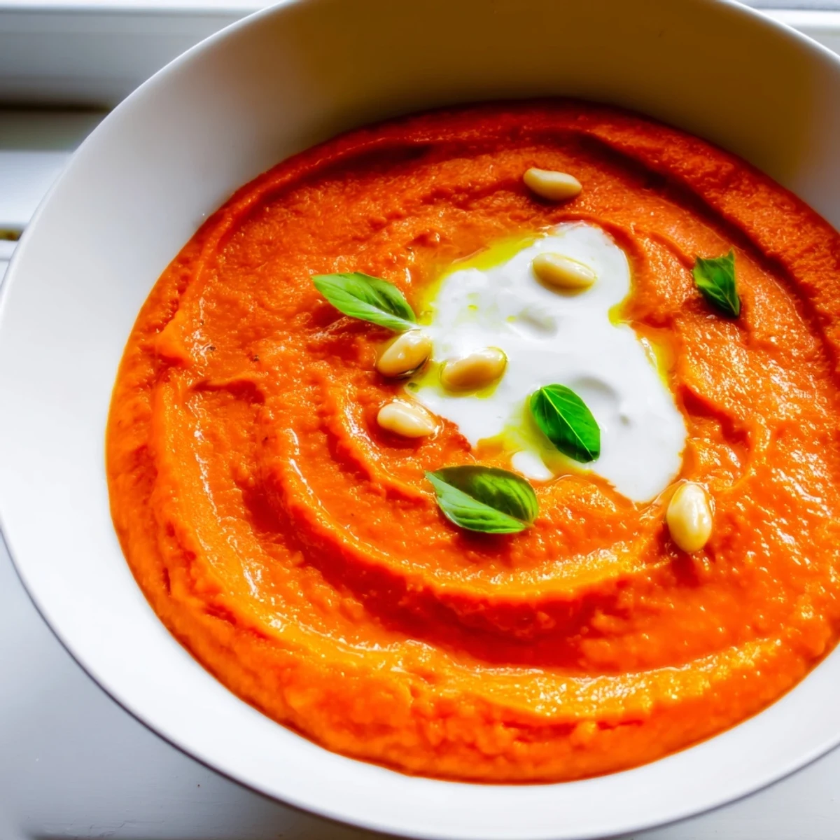 Creamy high protein tomato soup garnished with fresh basil and yogurt swirl