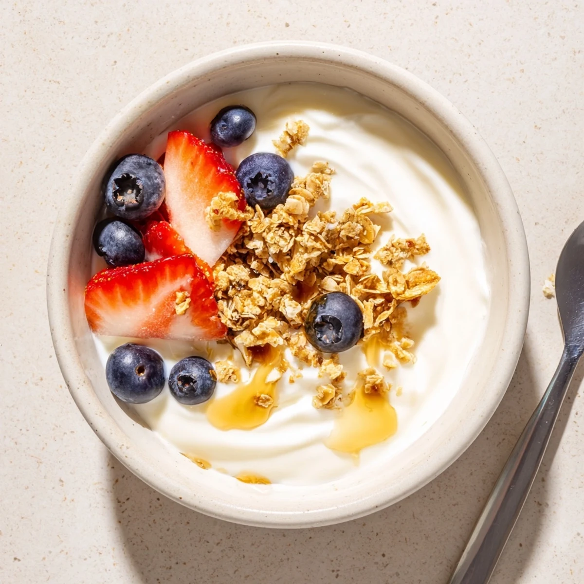 Velvety homemade yogurt in a white bowl garnished with sliced ripe fruit