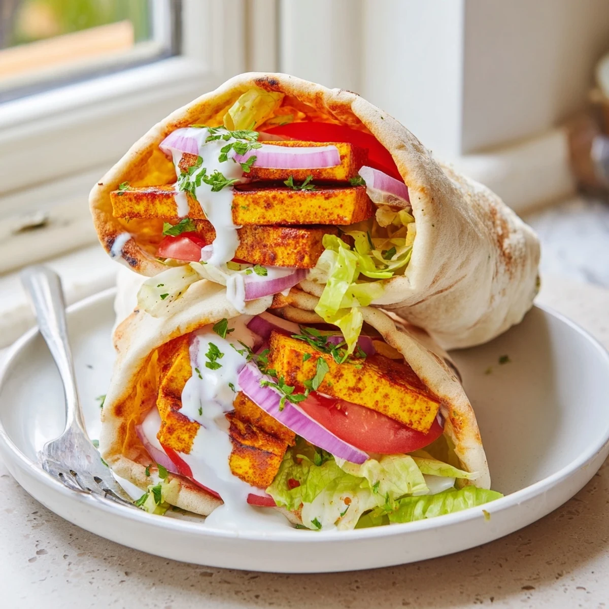 Golden grilled tofu shawarma nestled in soft flatbread alongside crisp lettuce, juicy tomatoes, and tangy sauce