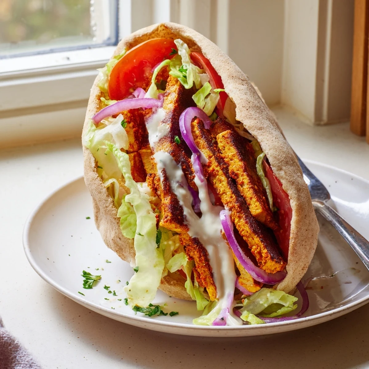 Crispy spiced tofu shawarma strips served in a warm pita with fresh vegetables and creamy tahini drizzle