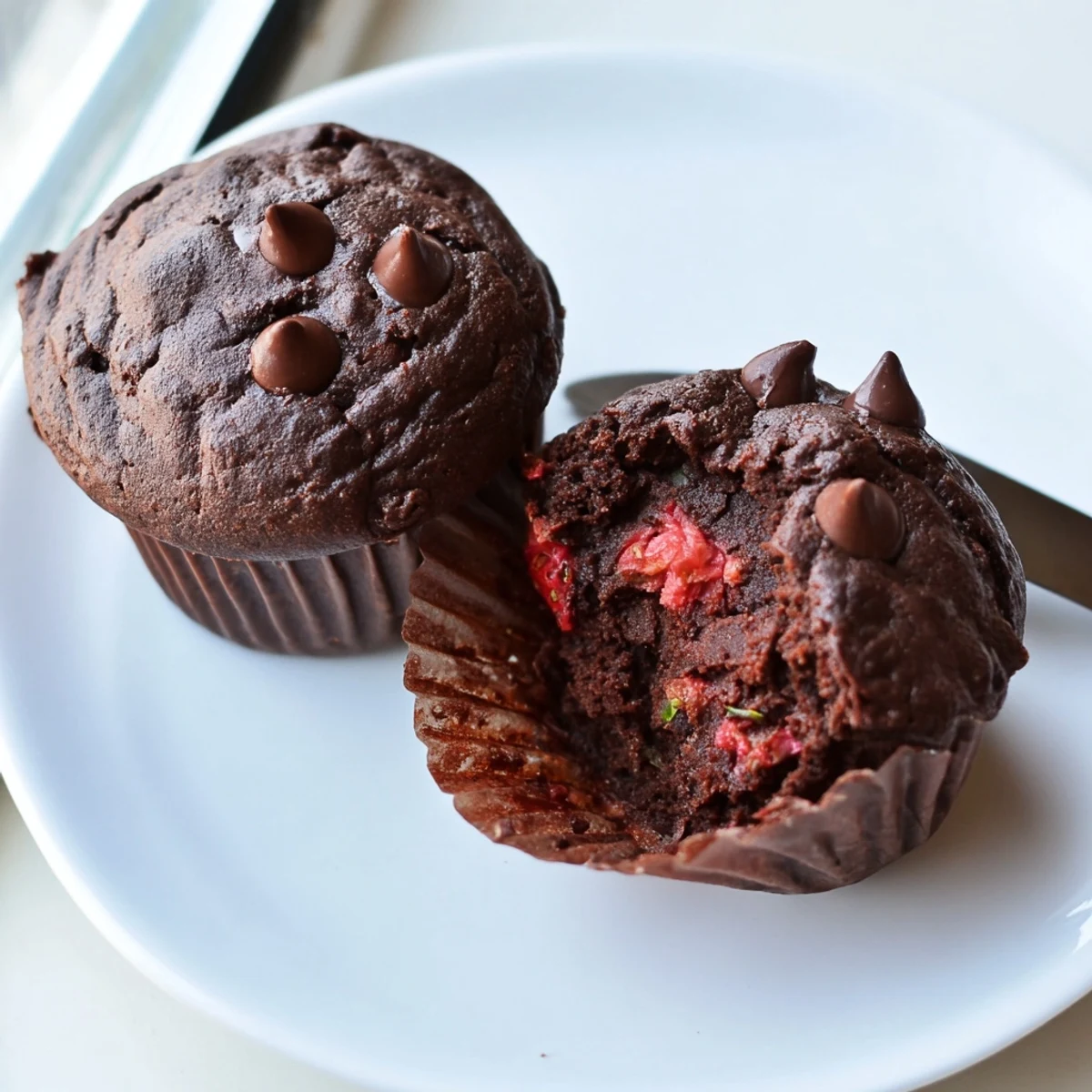 Warm chocolate zucchini strawberry muffins with melty chips on a rustic wire rack